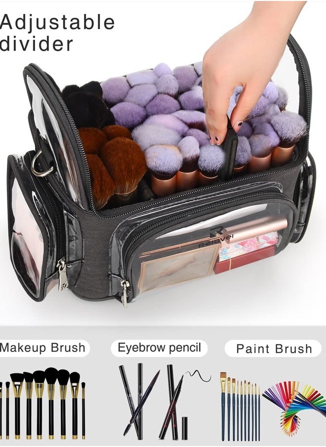 NAONAYA - Makeup Brush Case, Large Makeup Brush Holder Professional Makeup Artist Travel Case Clear Waterproof Cosmetic Organizer Bag, Full Open Easy to Access, with Adjustable Strap and Dividers - Image 1