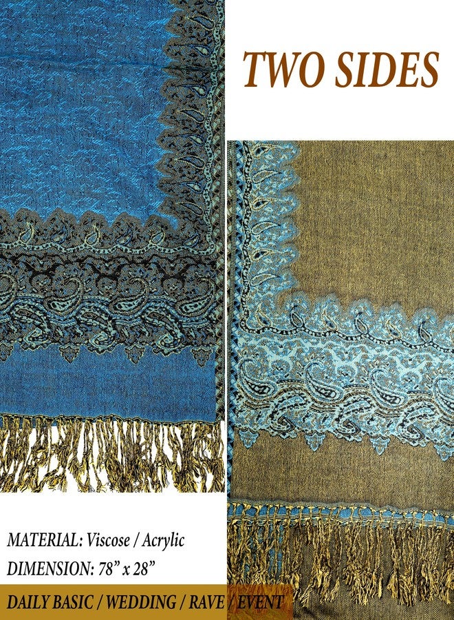 Achillea Soft Silky Reversible Paisley Pashmina Shawl Wrap Scarf w/Fringes (Border Turquoise) - Image 3