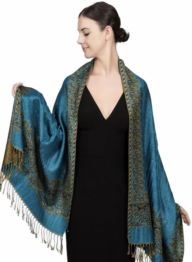 Achillea Soft Silky Reversible Paisley Pashmina Shawl Wrap Scarf w/Fringes (Border Turquoise) - Image 2