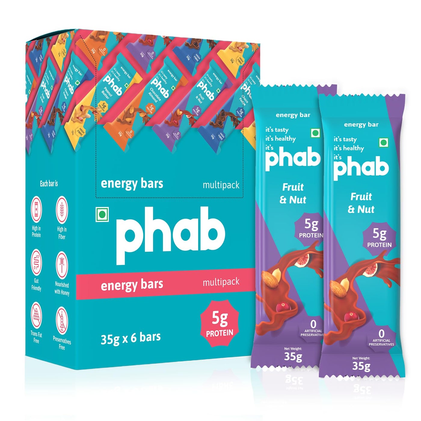 Phab Fruit & Nut 5g Protein Bar | Energy & nutrition | High Fibre & Gut-friendly | Sweetened with Honey,Trans Fat Free & No Preservatives | Loaded With 40% Nuts | Healthy & Tasty (Pack of 6 x 35g)