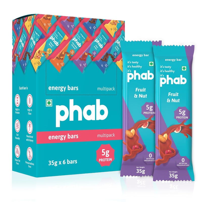 Phab Fruit & Nut 5g Protein Bar | Energy & nutrition | High Fibre & Gut-friendly | Sweetened with Honey,Trans Fat Free & No Preservatives | Loaded With 40% Nuts | Healthy & Tasty (Pack of 6 x 35g) - Image 1