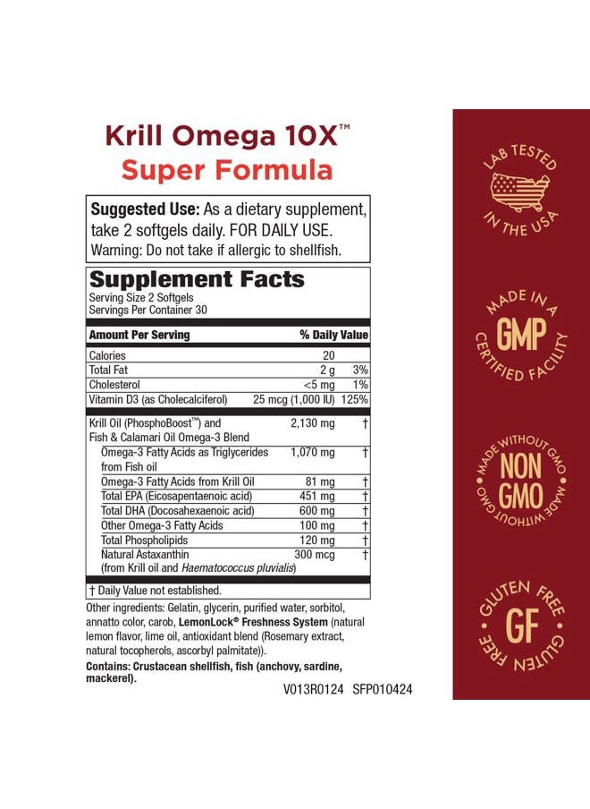 Purity Products - Krill Omega-3 10x more EPA and DHA Super Formula Premium PhosphoBoost Krill Oil + Astaxanthin - Supports Joint Comfort + Flexibility - No Fish Burps LemonLock System - 60 SoftGels - Image 1
