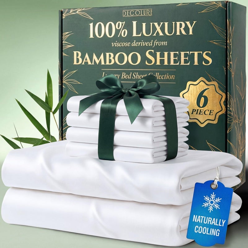 DECOLURE 100% Viscose Derived from Bamboo Sheets California King Size - Luxury 6 Pc Naturally Cooling Sheets, Ultra Soft Bed Set - Deep 17" Pockets, Double Stitching, Oeko Tex Standard (White) - Image 1