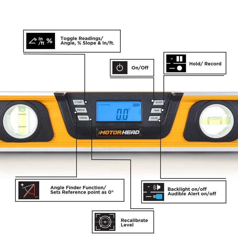 MOTORHEAD 16-Inch 0Â° - 180Â° SMART DIGITAL Level, LCD Screen, Audible Alerts, Water, Dust & Shock Resistant, Magnetic Bottom, Includes Bag, High-Visibility, Solid-Milled Aluminum, USA-Based Support - Image 2