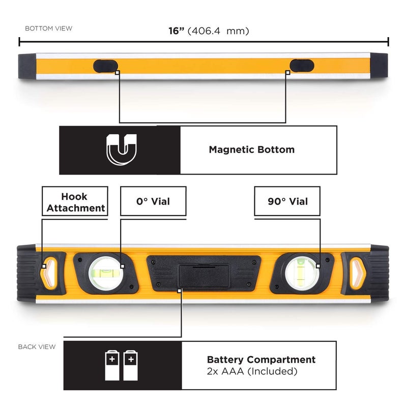 MOTORHEAD 16-Inch 0Â° - 180Â° SMART DIGITAL Level, LCD Screen, Audible Alerts, Water, Dust & Shock Resistant, Magnetic Bottom, Includes Bag, High-Visibility, Solid-Milled Aluminum, USA-Based Support - Image 5