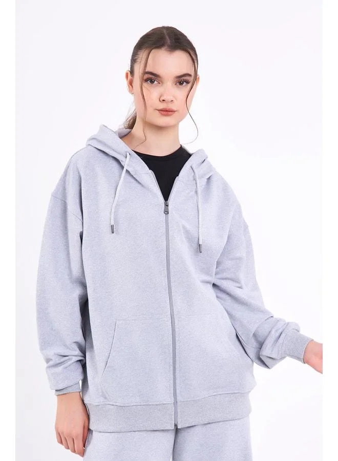Mmetalic  Gray Oversized Women's Hooded Sweatshirt with Kangaroo Pocket and Zipper. for Women | Best Price UAE