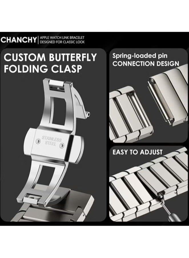 CHANCHY Stainless Steel Band for Apple Watch Ultra 49mm, Series 8 7 6 5 4 3 2 1 – Premium Metal Strap for Men with Secure Folding Clasp | Compatible with 49mm, 45mm, 44mm, 42mm Apple Watch | Durable, Stainless Steel Replacement Wristband - Image 3