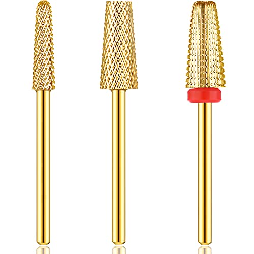 Outus 3 Pieces Nail Carbide 5 in 1 Tapered Barrel Carbide Nail Drill Bit Set 332 Inches Cone Shape Bit for Acrylic or Gel Remover Golden