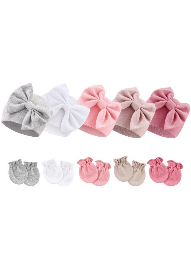 DRESHOW BQUBO Newborn Baby Girls Hats Mittens Set Hospital Hat Beanie Infant Bow Hats Baby Cotton Gloves No Scratch Mittens for 0-6 Months - Image 1