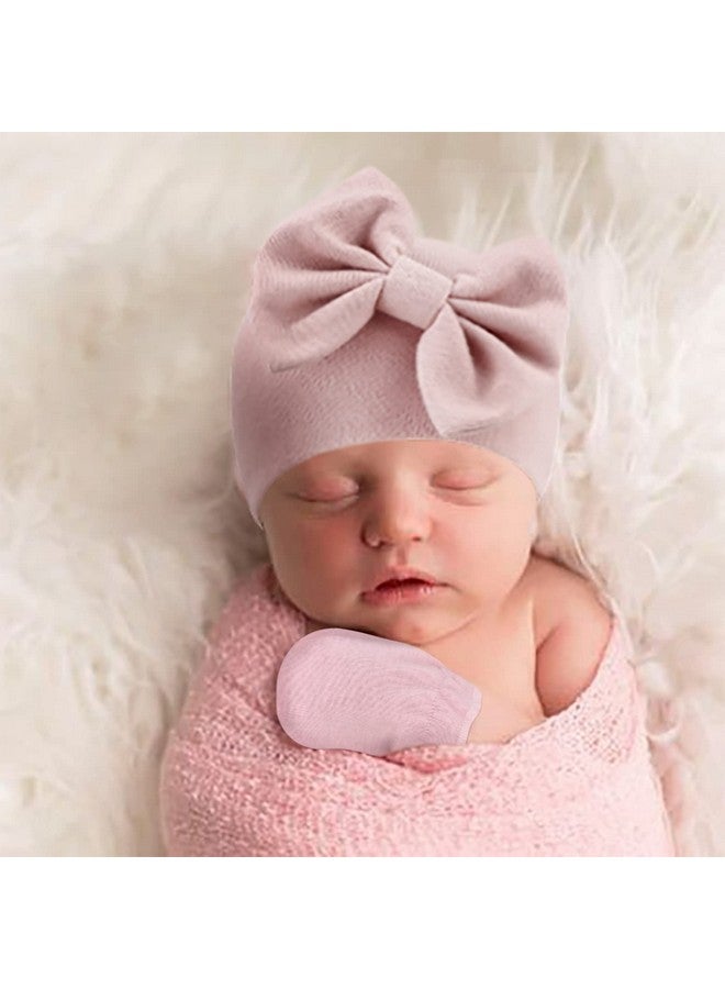DRESHOW BQUBO Newborn Baby Girls Hats Mittens Set Hospital Hat Beanie Infant Bow Hats Baby Cotton Gloves No Scratch Mittens for 0-6 Months - Image 3
