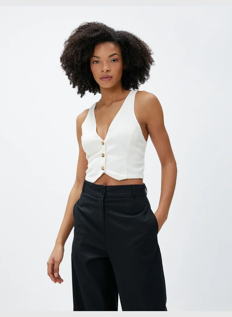 كوتون صدرية بياقة على شكل حرف  بقصة عادية من مزيج الكتان