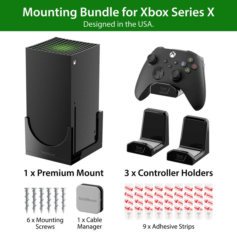 TotalMount - حامل جداري لجهاز Xbox Series X - يمنع سقوط جهاز Xbox الخاص بك عن طريق تأمين كل جانب (حزمة كبيرة: حامل جداري و 3 حوامل للتحكم)  - Image 2