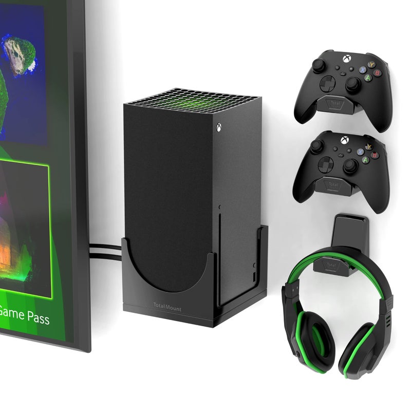 TotalMount - حامل جداري لجهاز Xbox Series X - يمنع سقوط جهاز Xbox الخاص بك عن طريق تأمين كل جانب (حزمة كبيرة: حامل جداري و 3 حوامل للتحكم)  - Image 1