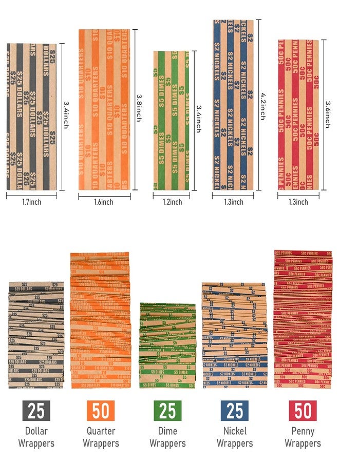 L LIKED 175 Assorted Bundle Flat Striped Coin Wrappers (50 Pennies, 50 Quarters，25 Nickels，25 dimes and 25 Dollars) - Image 3