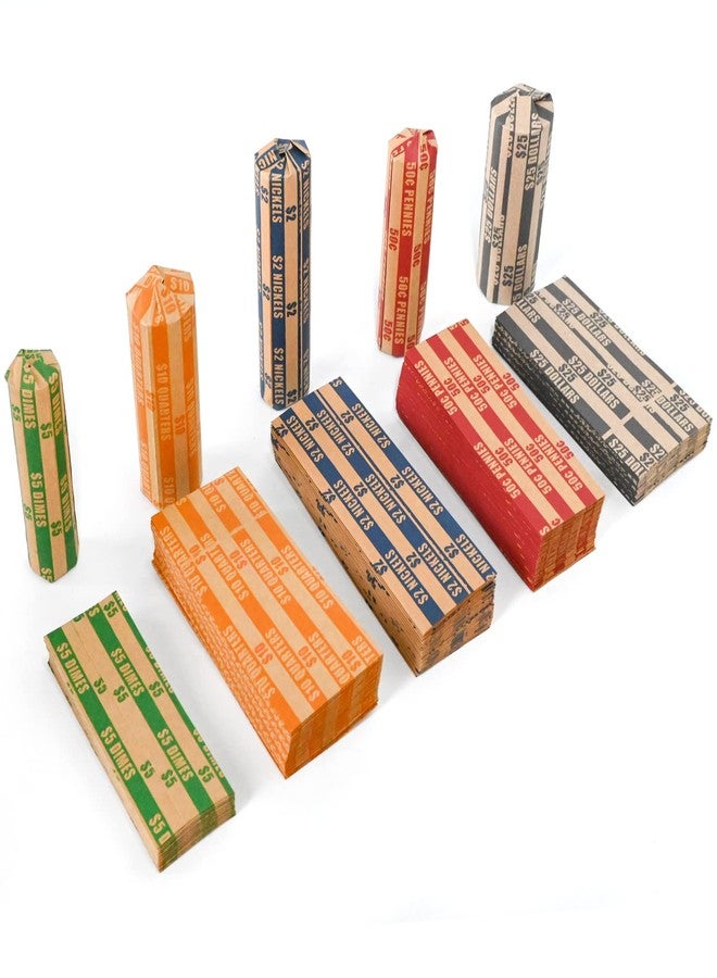 L LIKED 175 Assorted Bundle Flat Striped Coin Wrappers (50 Pennies, 50 Quarters，25 Nickels，25 dimes and 25 Dollars) - Image 1
