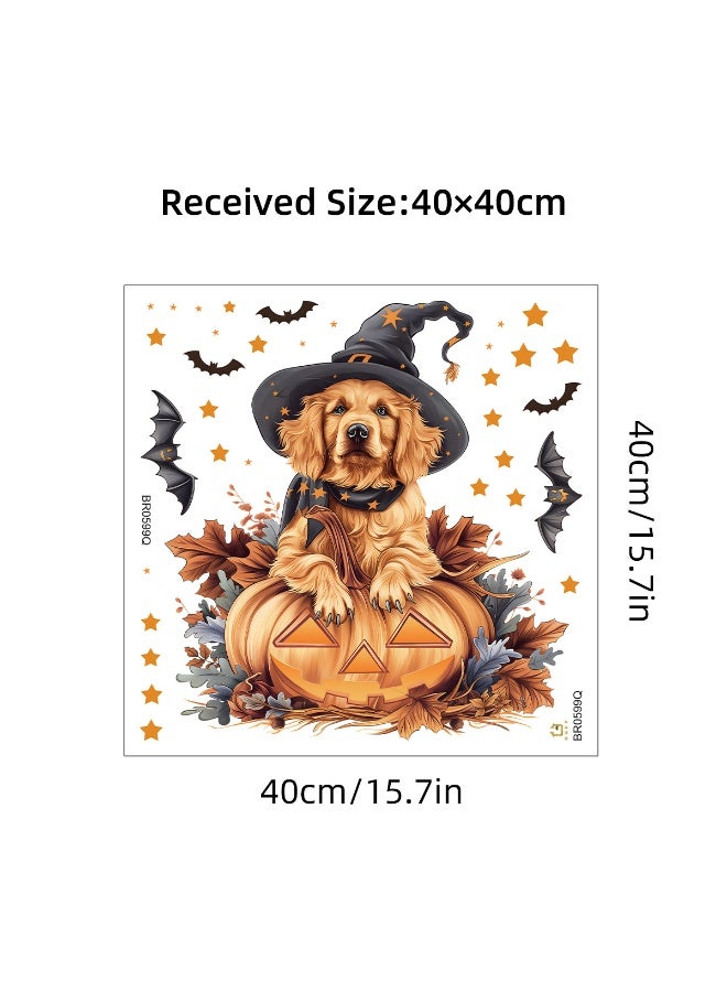 NIBEMINENT Halloween Pumpkin Lantern Wizard Hat Golden Retriever Self-Adhesive Wall Stickers