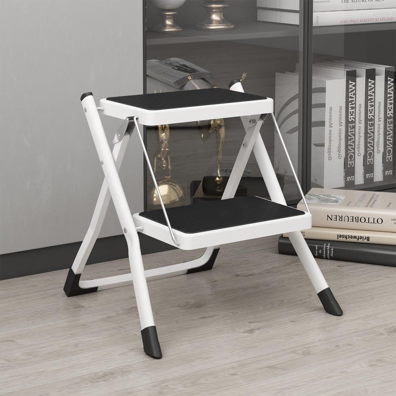 DAWNYIELD Folding 2 Step Stools Portable Heavy Duty Metal Step Ladder with AntiSlip Base and Wide Pedal Lightweight Foot Step Stool for Beds Kitchen Pantry Office Travel Adults Kids Dog 330 lbs White