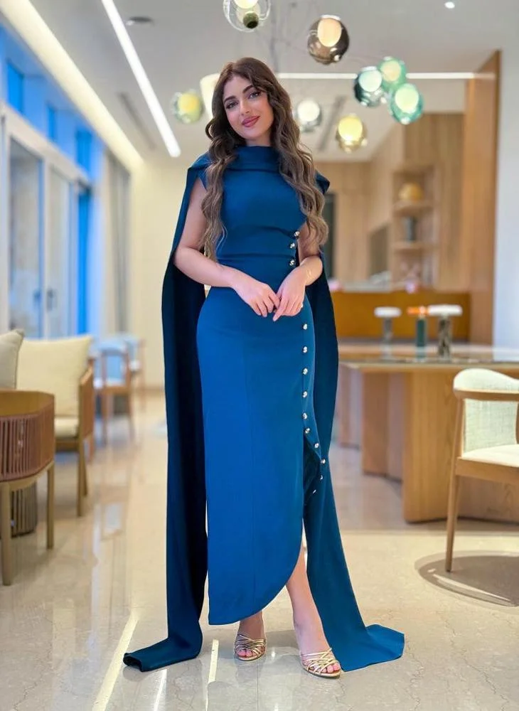 Opera Fashion Luxe Blue Crepe Dress with Back Sash and Copper Buttons