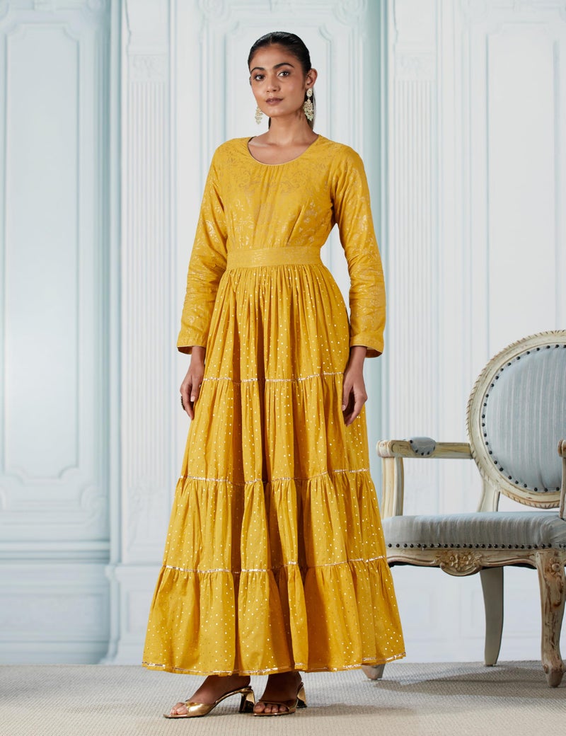 BIBA Women's Mustard Cotton Flared Knee-Length Printed A-LineDress (Small) - Image 2