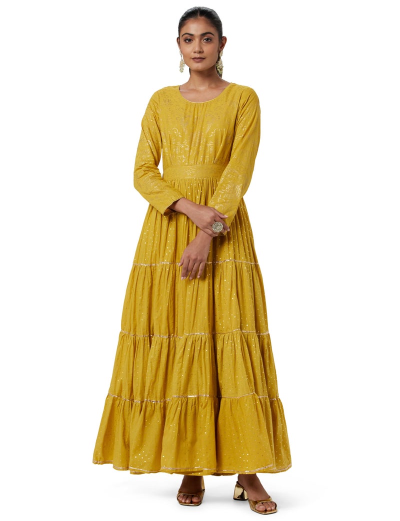 BIBA Women's Mustard Cotton Flared Knee-Length Printed A-LineDress (Small) - Image 1