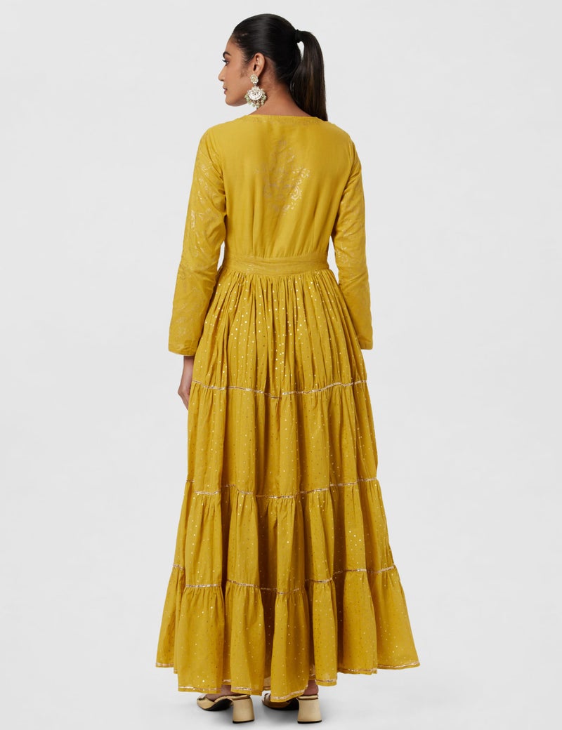 BIBA Women's Mustard Cotton Flared Knee-Length Printed A-LineDress (Small) - Image 3