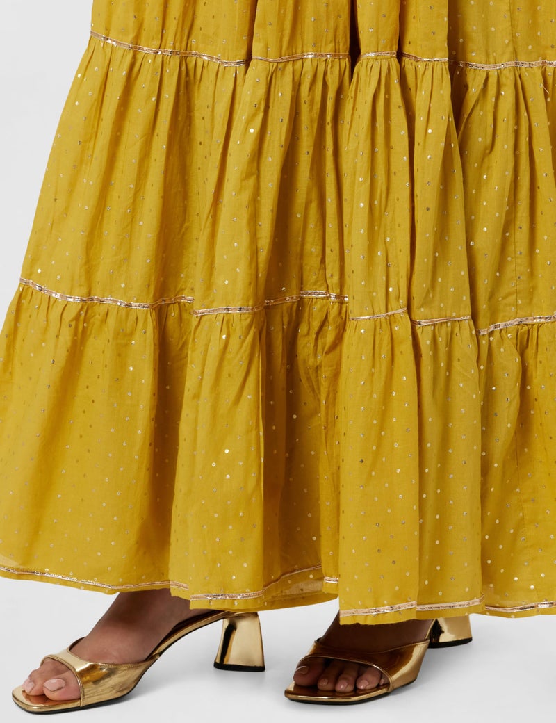 BIBA Women's Mustard Cotton Flared Knee-Length Printed A-LineDress (Small) - Image 5