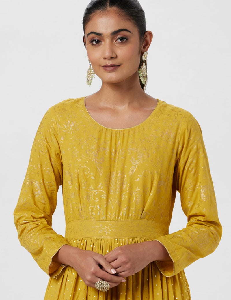 BIBA Women's Mustard Cotton Flared Knee-Length Printed A-LineDress (Small) - Image 4