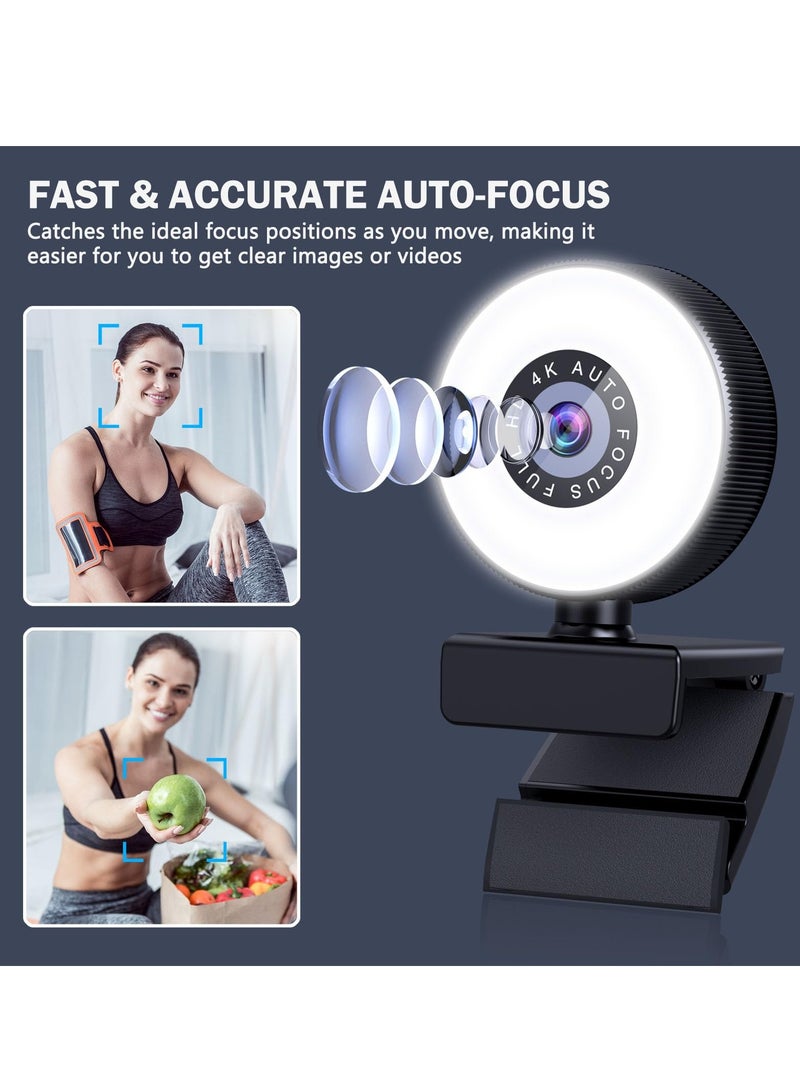 4K Webcam, HD Autofocus Webcam with Microphone, Adjustable Light Computer Camera with Privacy Cover and Tripod Stand, Plug and Play USB Webcam for Laptop Desktop Video Calling - Image 4