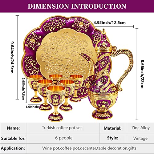 Igtazy Vintage Turkish Coffee Pot and Cups Set,Tea Service Set Including Teapot,Tea Tray and Metal Cups for Wine Cabinet Decor,Wedding Ornaments (Gold and Purple) - Image 2