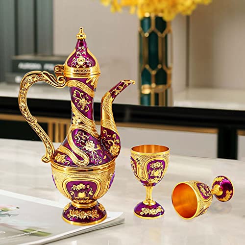 Igtazy Vintage Turkish Coffee Pot and Cups Set,Tea Service Set Including Teapot,Tea Tray and Metal Cups for Wine Cabinet Decor,Wedding Ornaments (Gold and Purple) - Image 5