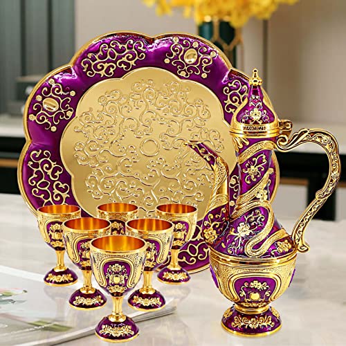 Igtazy Vintage Turkish Coffee Pot and Cups Set,Tea Service Set Including Teapot,Tea Tray and Metal Cups for Wine Cabinet Decor,Wedding Ornaments (Gold and Purple) - Image 4