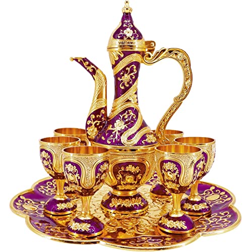 Igtazy Vintage Turkish Coffee Pot and Cups Set,Tea Service Set Including Teapot,Tea Tray and Metal Cups for Wine Cabinet Decor,Wedding Ornaments (Gold and Purple) - Image 1