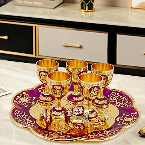 Igtazy Vintage Turkish Coffee Pot and Cups Set,Tea Service Set Including Teapot,Tea Tray and Metal Cups for Wine Cabinet Decor,Wedding Ornaments (Gold and Purple) - Image 3