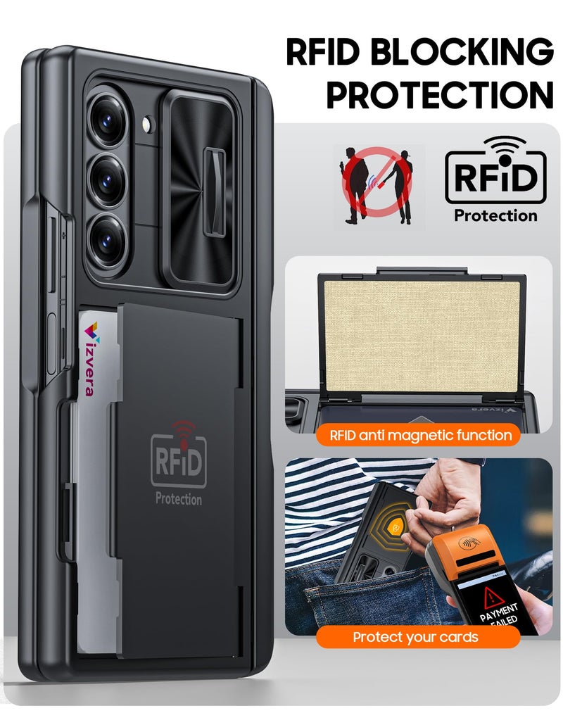 Vizvera حافظة فيزفيرا لهاتف سامسونج جالكسي زد فولد 6، حافظة بطاقات RFID [حامل قلم S] [غطاء كاميرا] حافظة هاتف واقية من الصدمات مصنوعة من السيليكون لهاتف زد فولد 6 2024 - أسود - Image 4
