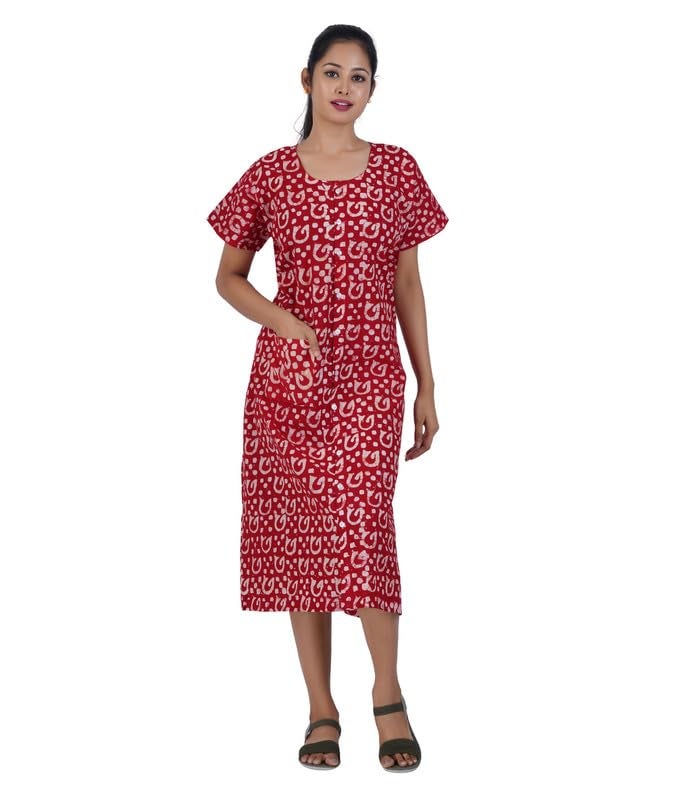 MENMAII Women's [L-4XL] Full Open/Front Buttoned [a Kind of Adaptive Clothing] Multipurpose Nighty for Maternity/Pregnancy/Elderly/Patient/Feeding/Hospital Purpose Nighty(Red Batik -L/Calf Length) - Image 1