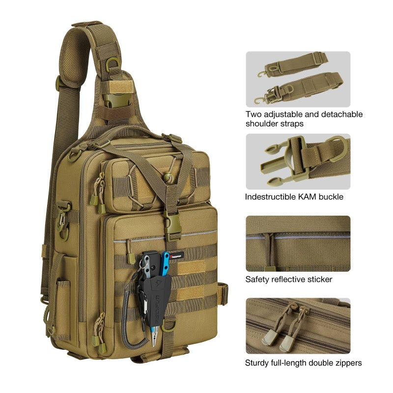 Piscifun 30L Fishing Tackle Backpack with Rod & Water Holder, Multi-Compartment Lightweight Large Tackle Sling Bag for Fishing Gear and Equipment, Gift for Men, Khaki - Image 2