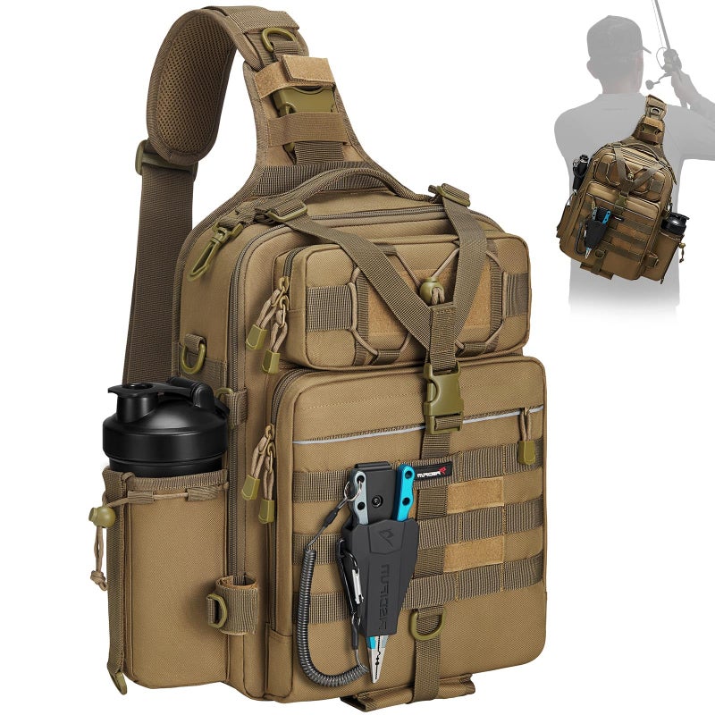 Piscifun 30L Fishing Tackle Backpack with Rod & Water Holder, Multi-Compartment Lightweight Large Tackle Sling Bag for Fishing Gear and Equipment, Gift for Men, Khaki - Image 1