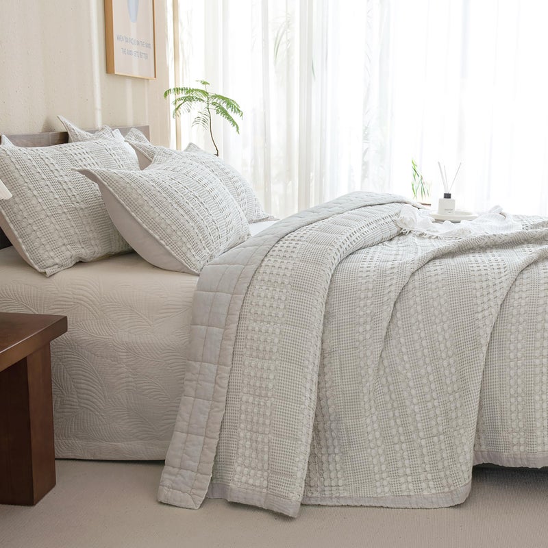 CozyTide King Size Quilt 110"x98",100% Cotton Khaki Waffle Weave Lightweight Bedspread Vintage Farmhouse Boho King Quilt Bedding Coverlet Set Ultra Soft - Image 2