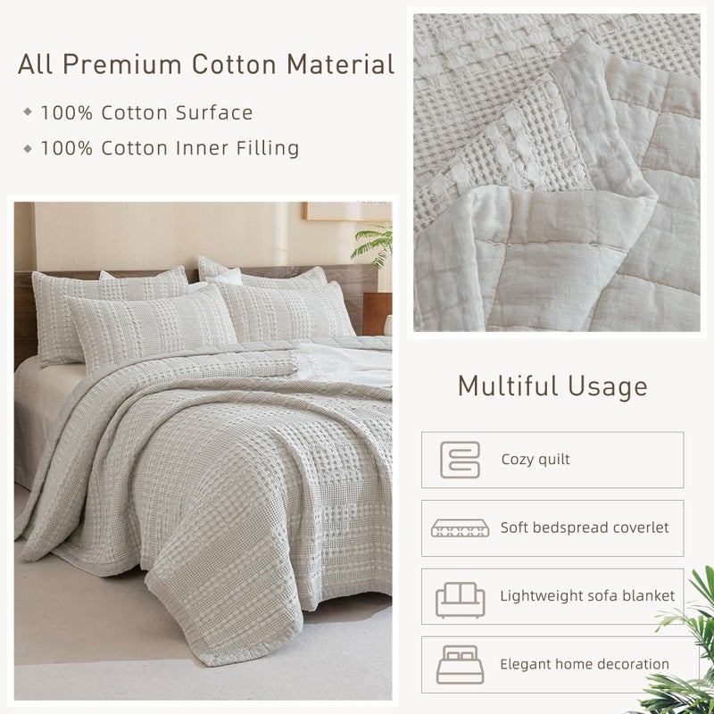 CozyTide King Size Quilt 110"x98",100% Cotton Khaki Waffle Weave Lightweight Bedspread Vintage Farmhouse Boho King Quilt Bedding Coverlet Set Ultra Soft - Image 5