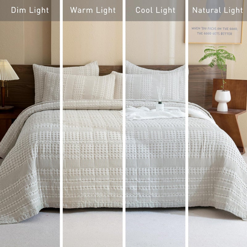 CozyTide King Size Quilt 110"x98",100% Cotton Khaki Waffle Weave Lightweight Bedspread Vintage Farmhouse Boho King Quilt Bedding Coverlet Set Ultra Soft - Image 3