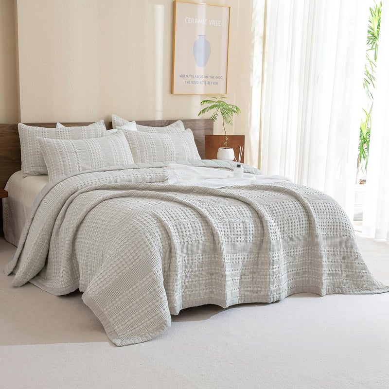 CozyTide King Size Quilt 110"x98",100% Cotton Khaki Waffle Weave Lightweight Bedspread Vintage Farmhouse Boho King Quilt Bedding Coverlet Set Ultra Soft - Image 1