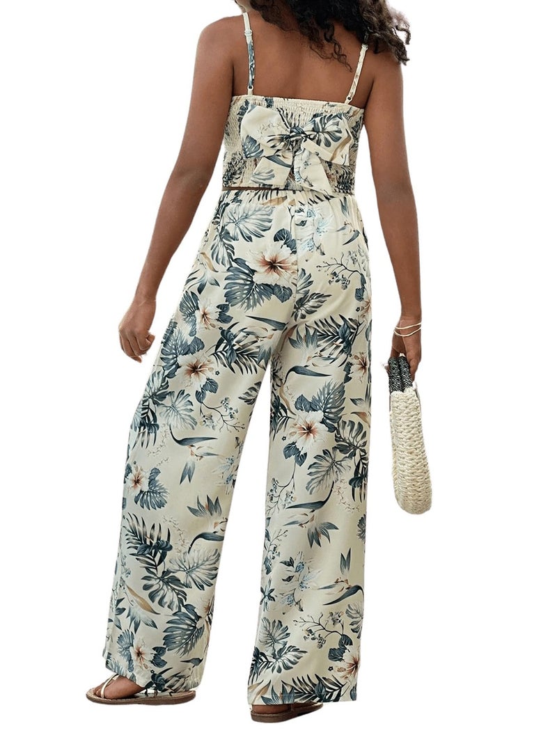 Floerns Girl's 2 Piece Outfit Hawaiian Tropical Crop Cami Tops and Boho Pants Set Light Green 10Y - Image 2
