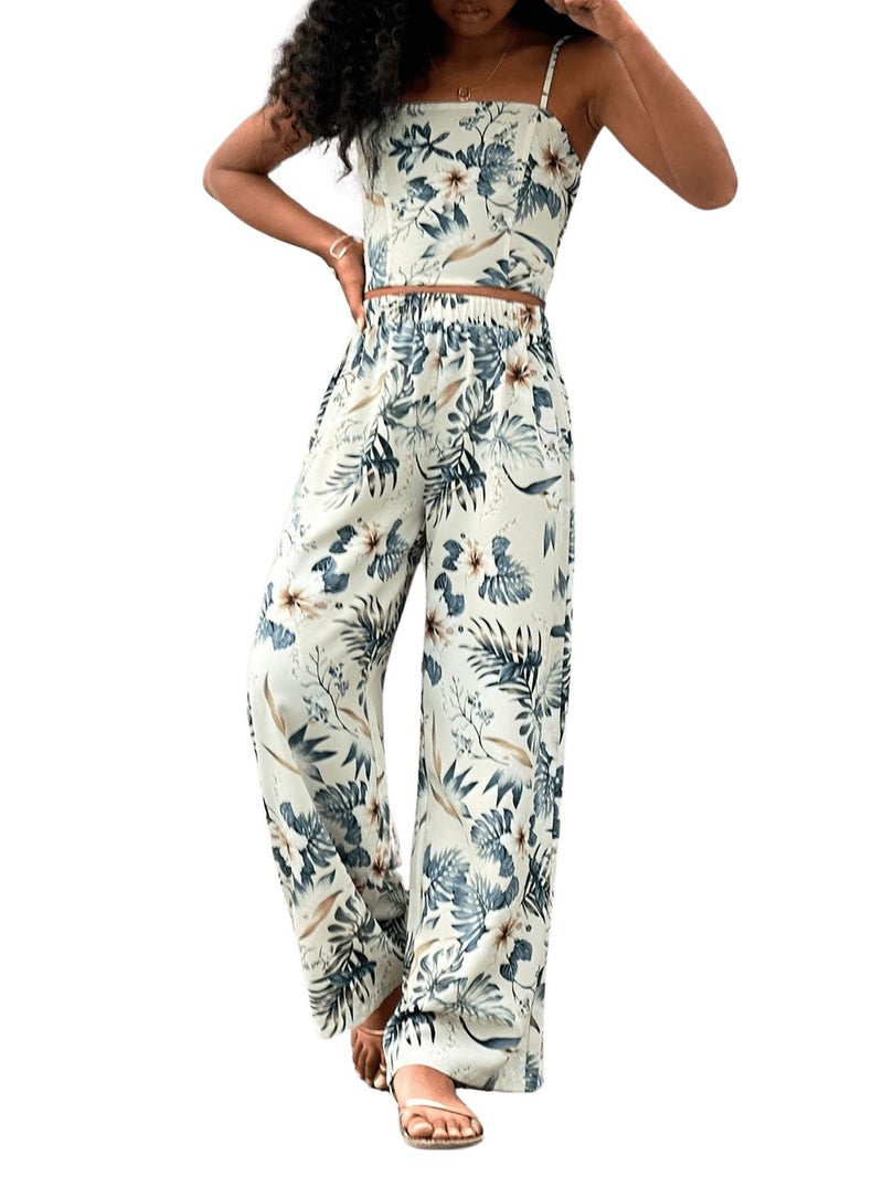 Floerns Girl's 2 Piece Outfit Hawaiian Tropical Crop Cami Tops and Boho Pants Set Light Green 10Y - Image 4