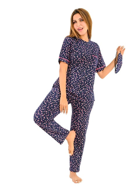 Women's pajama set - a summer wear of 2 pieces - pants and a T-shirt and sleep glasses - patterned with different designs and specially designed to provide comfort and freshness.
