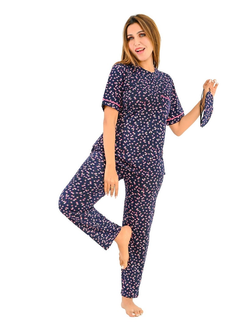 Generic - Women's pajama set - a summer wear of 2 pieces - pants and a T-shirt and sleep glasses - patterned with different designs and specially designed to provide comfort and freshness. - Image 1