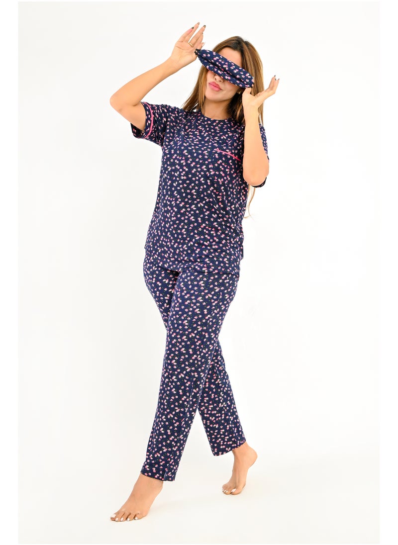 Generic - Women's pajama set - a summer wear of 2 pieces - pants and a T-shirt and sleep glasses - patterned with different designs and specially designed to provide comfort and freshness. - Image 1