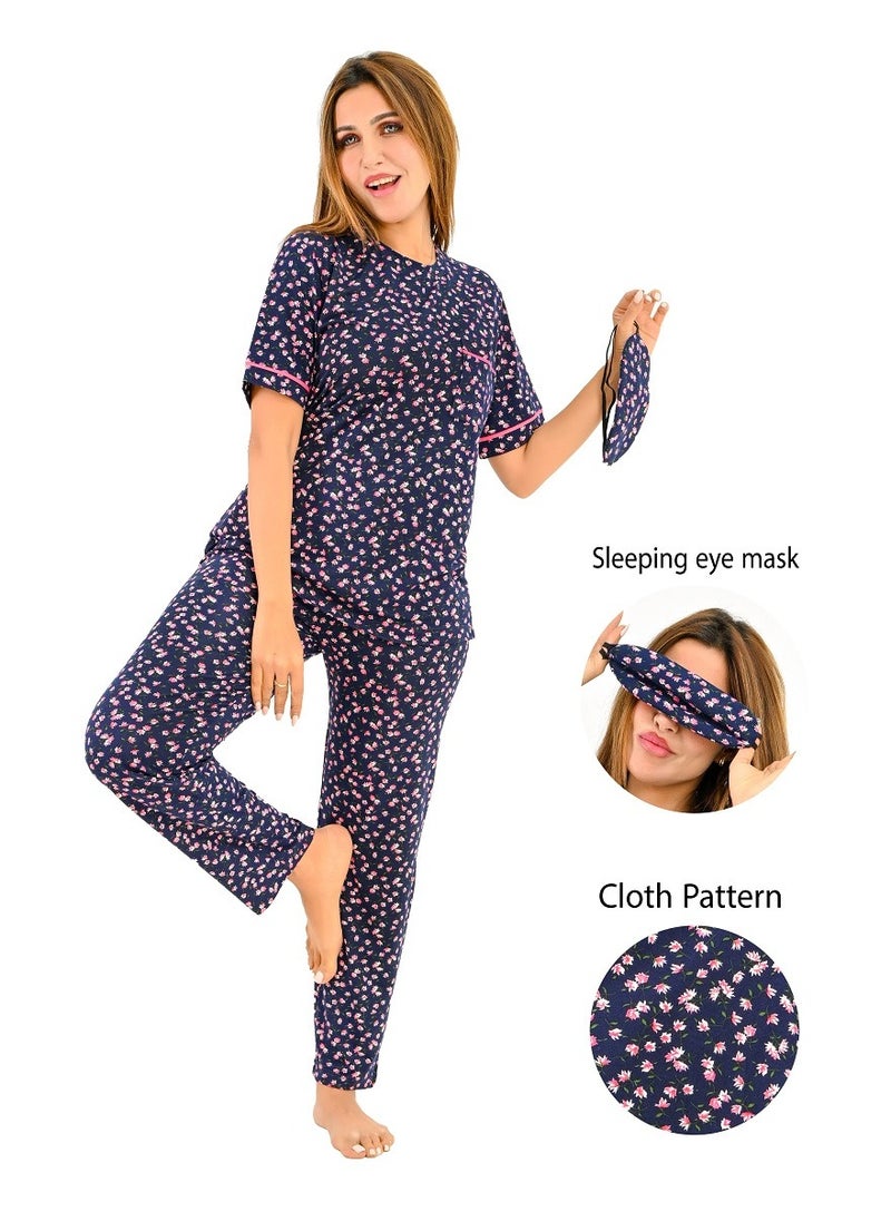 Generic - Women's pajama set - a summer wear of 2 pieces - pants and a T-shirt and sleep glasses - patterned with different designs and specially designed to provide comfort and freshness. - Image 1