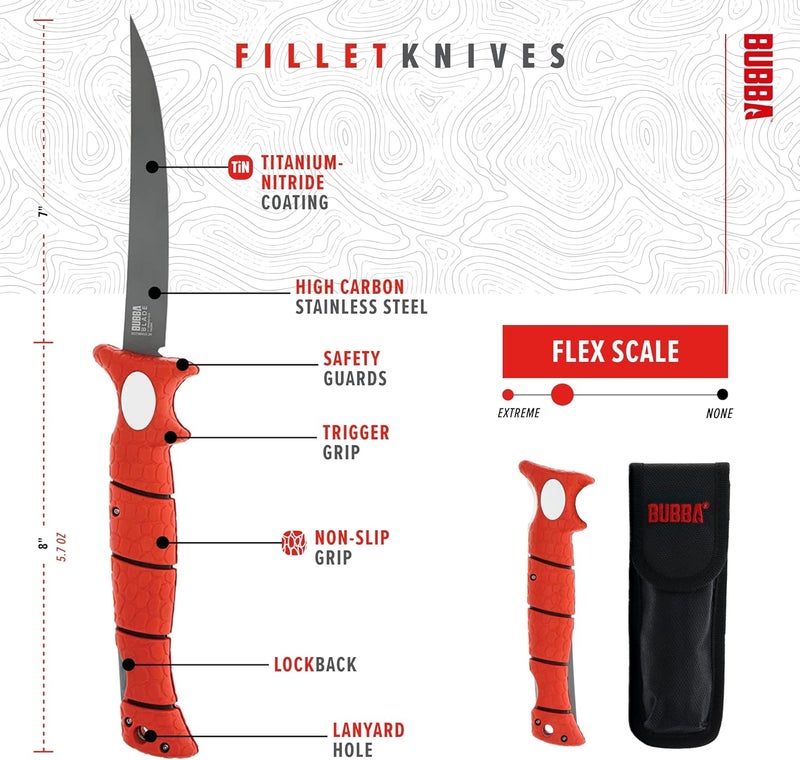 Bubba 7" Tapered Flex Folding Knife with Non-Slip Grip Handle, Offset Full Tang Stainless Steel Blade, Lanyard Hole and Synthetic Sheath for Fishing - Image 3