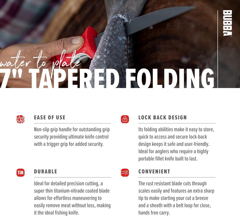 Bubba 7" Tapered Flex Folding Knife with Non-Slip Grip Handle, Offset Full Tang Stainless Steel Blade, Lanyard Hole and Synthetic Sheath for Fishing - Image 4