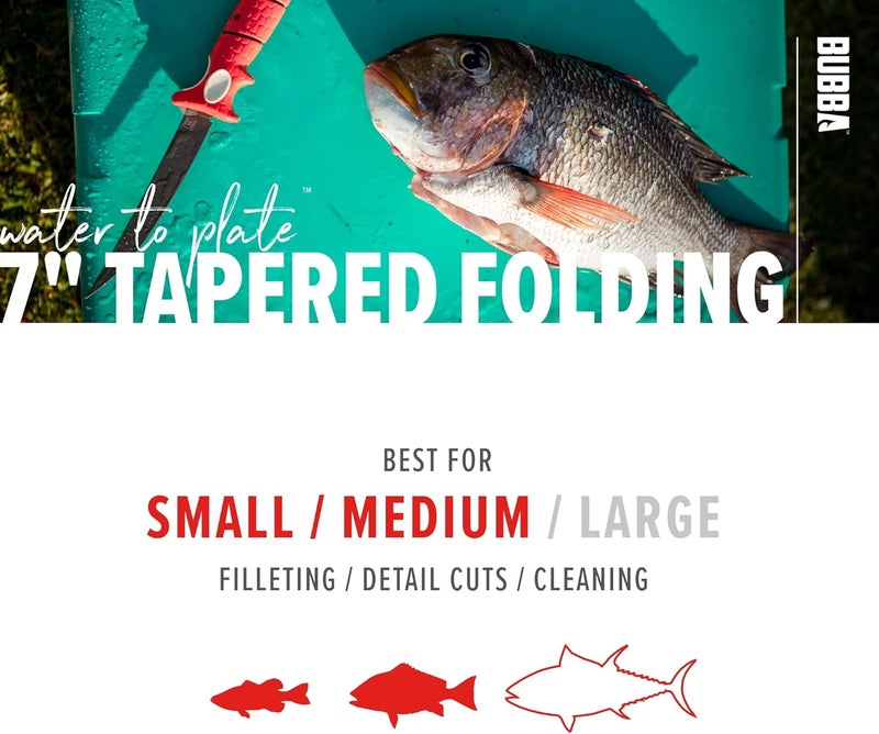 Bubba 7" Tapered Flex Folding Knife with Non-Slip Grip Handle, Offset Full Tang Stainless Steel Blade, Lanyard Hole and Synthetic Sheath for Fishing - Image 5